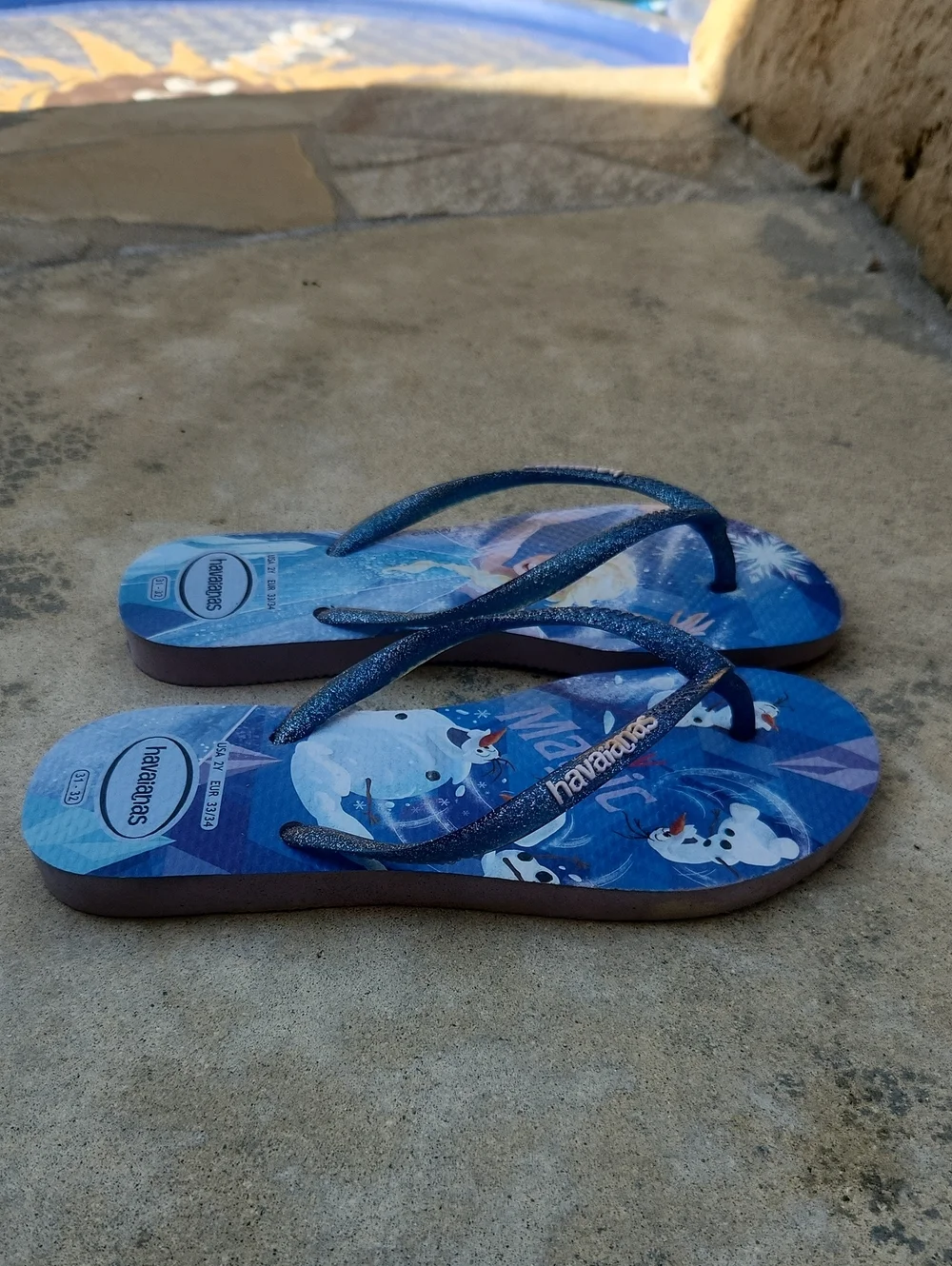 Havaianas Disney Frozen Elsa Olaf Flip Flops Glitter Blue Size 2Y/3Y Kids 31/32